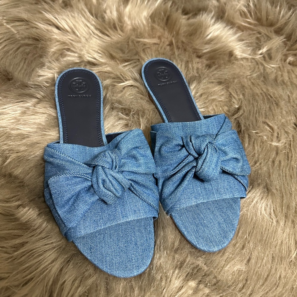 Tory Burch Denim Knot Slide Sandals in Light Blue